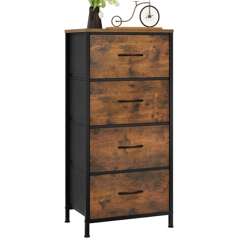 Commode, Commode Chambre, à 4 Tiroirs en Tissu, Meuble de Rangement, Cadre en Métal, Plateau en Bois d'Ingénierie, Marron Rustique et Noir - Woltu