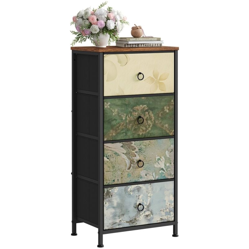 Commode à 4 Tiroirs en Tissu Woltu Meuble Rangement Cadre en Métal, 45x30x95cm, Marron Rustique+Noir+Motif de Fleur Vintage