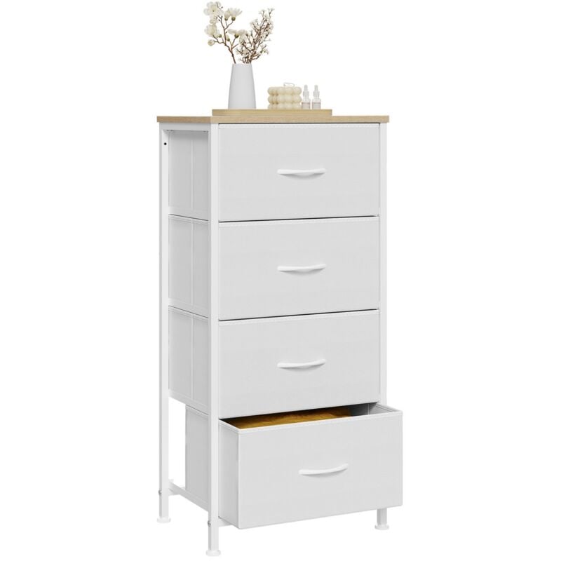 Commode 4 Tiroirs Woltu Meuble de Rangement à Tiroirs en Tissu, Cadre en Métal, Dessus en Bois d'Ingénierie E1,Blanc