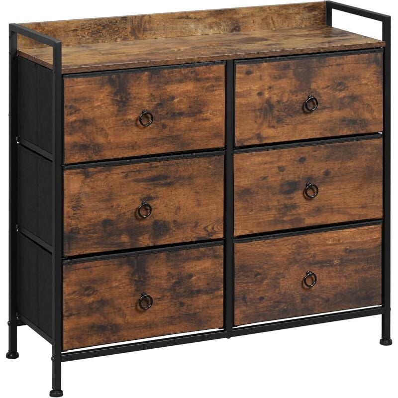 Commode, Commode Chambre, à 6 Tiroirs en Tissu, Meuble de Rangement, Cadre en Métal, Plateau en Bois d'Ingénierie, Marron Rustique et Noir - Woltu