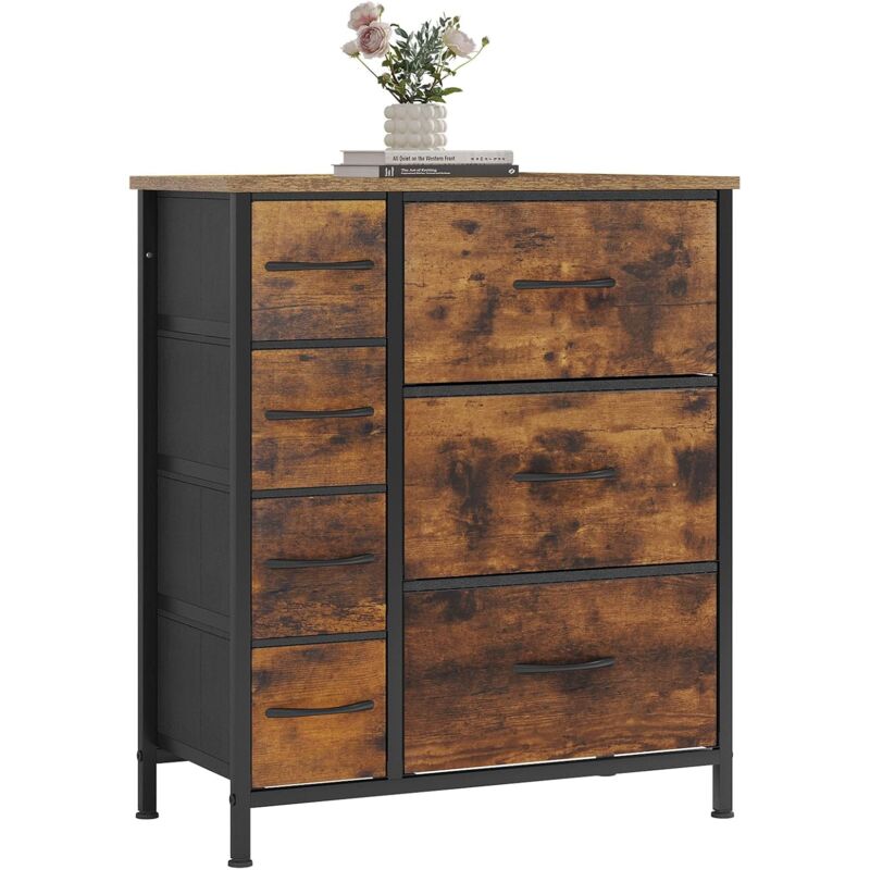 WOLTU Commode, Commode Chambre, à 7 Tiroirs en Tissu, Meuble de Rangement, Cadre en Métal, Plateau en Bois d'Ingénierie, Marron Rustique et Noir