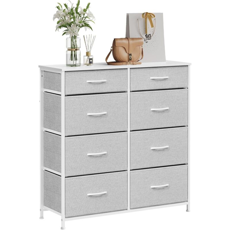 Commode Woltu Meuble de Rangement avec 8 Tiroirs en Tissu, Armoire, en mdf Cadre en métal, Gris Tourterelle + Blanc Nuage