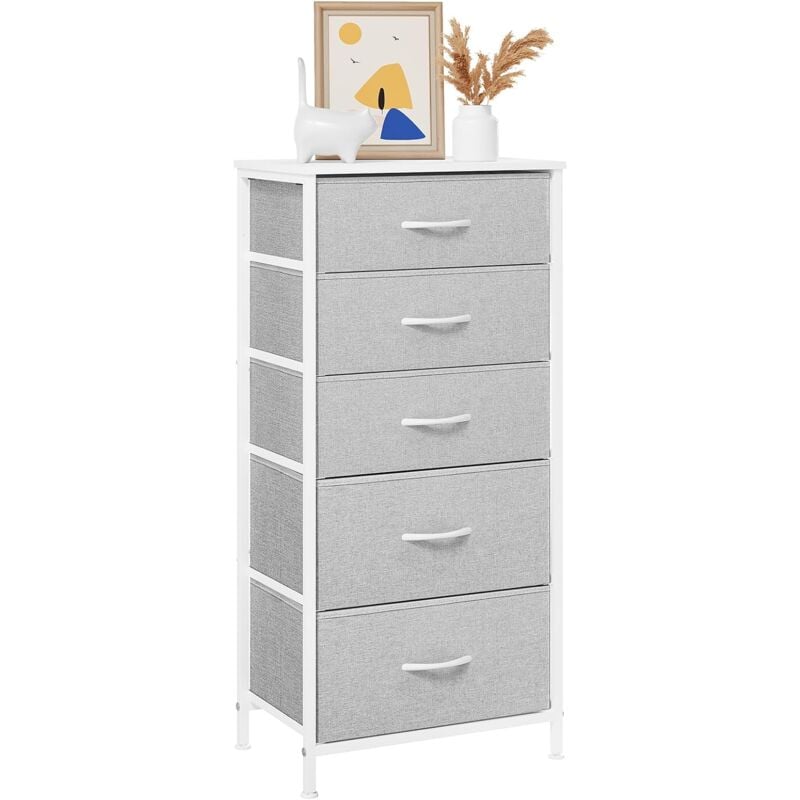 Commode WOLTU, Meuble de Rangement avec 5 Tiroirs en Tissu, Armoire, en MDF Cadre en métal, Gris Tourterelle + Blanc Nuage
