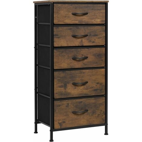 WOLTU Commode en MDF Cadre en métal, Meuble de Rangement 30 x 45 x 95cm, Chiffonnier avec 5 Tiroirs en Tissu, Armoire, Style Industriel Vintage, Marron Rustique