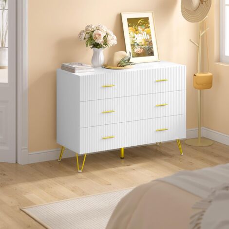 WOLTU Cómoda blanca de 6 cajones, cómoda compacta para dormitorio y sala de estar, color blanco y dorado