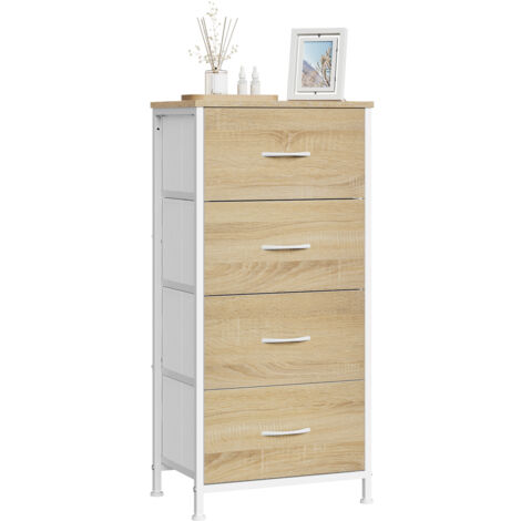 WOLTU Cómoda de dormitorio con 4 cajones, tela, roble claro y blanco