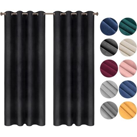 WOLTU Cortinas Opacas Terciopelo Aislantes 2 Piezas 140 x 225 cm Cortina Moderna Térmica con 8 Ojales para Salon Habitacion Dormitorio Negro  ,Cortina sin correas