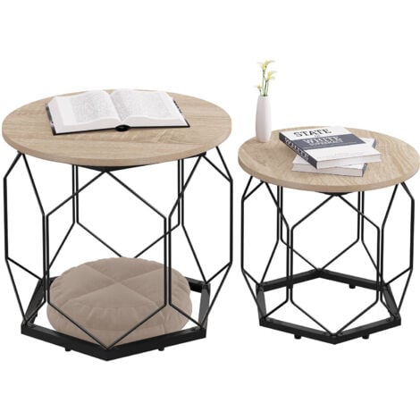 WOLTU Couchtisch 2er Set, Beistelltisch mit runder Tischplatte, Sofatisch mit hohlem Metallrahmen, Wohnzimmertisch mit Stauraum, aus Holzwerkstoff Metall, Holzoptik Helle Eiche + Schwarz