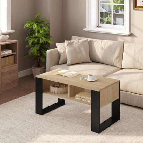 WOLTU Couchtisch Beistelltisch Sofatisch Kaffeetisch mit Stauraum für Wohnzimmer, Helle Eiche Schwarz