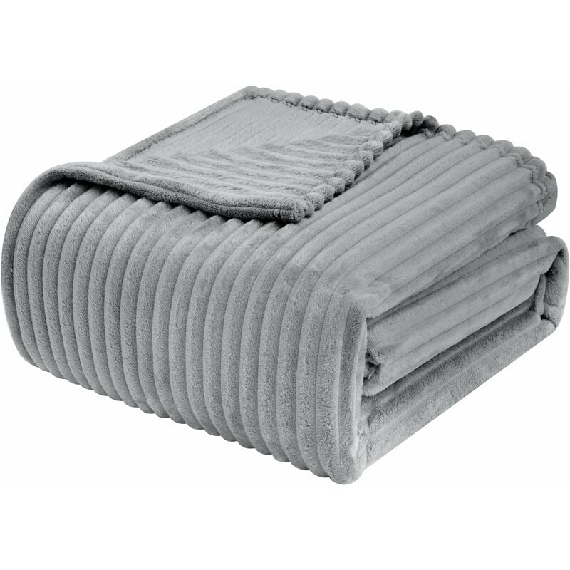 Woltu - Couverture en Flanelle 220x240 cm avec Rayures, Couverture Plaid Couverture Polaire, Jeté de Canapé, Couverture Moelleuse, Gris