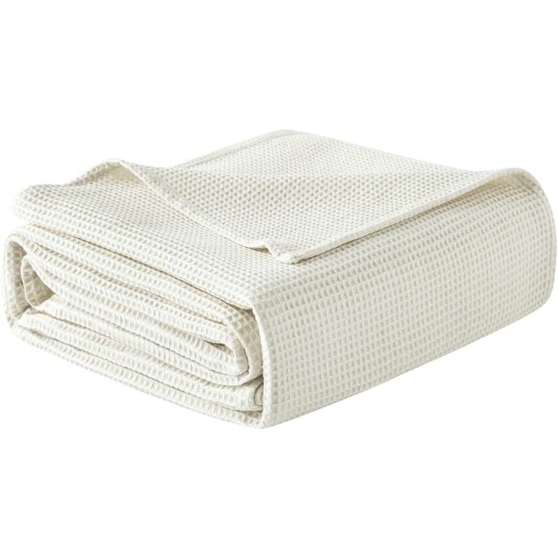 Woltu - Couvre lit en 100% Coton, Jeté de Canapé, Dessus de Lit, Couverture Gaufrée Légère, 170x210cm, Crème