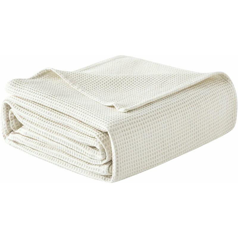 Woltu - Couvre lit en 100% Coton, Jeté de Canapé, Dessus de Lit, Couverture Gaufrée Légère, 150x200cm, Crème
