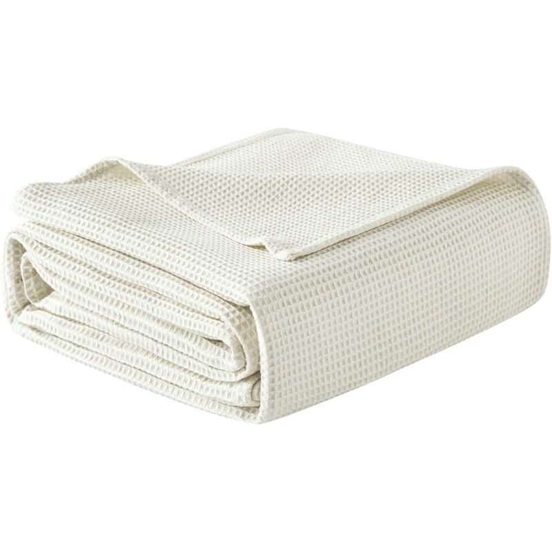 Woltu - Couvre lit en 100% Coton, Jeté de Canapé, Dessus de Lit, Couverture Gaufrée Légère, 220x240cm, Crème