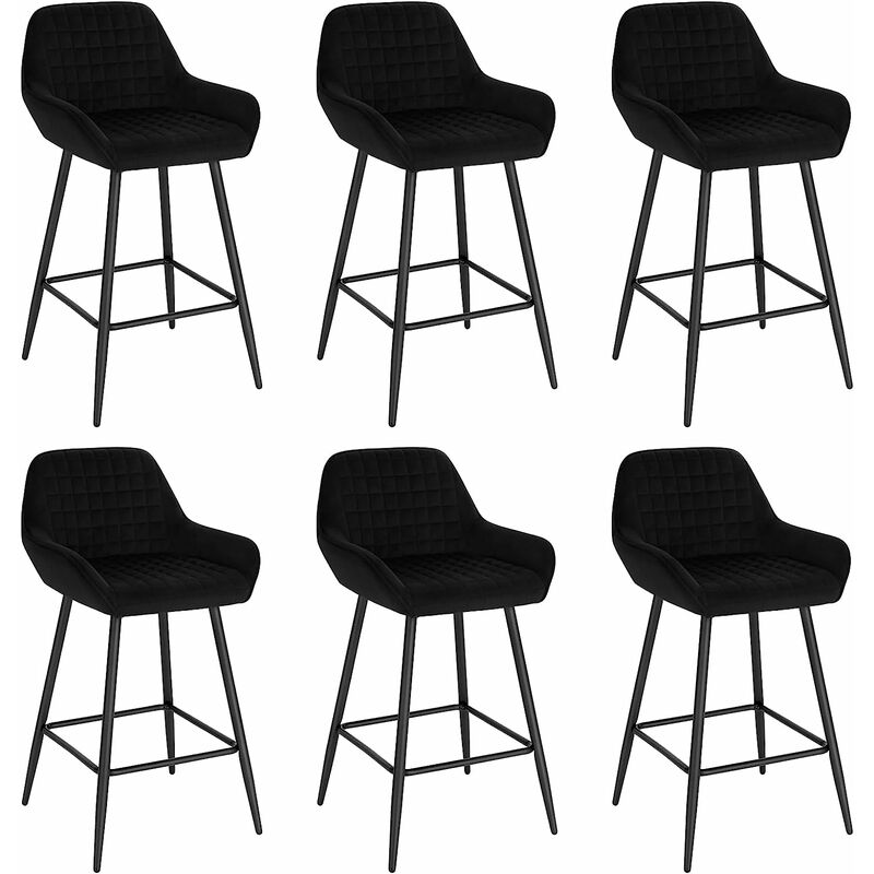 Woltu - Lot de 6 Tabourets de bar Chaise de Bar avec Accoudoirs, Design Chaise Haute pour Bar, Siège en Velours, Cadre en métal, Noir