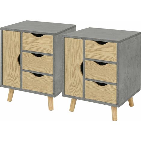 WOLTU Dos Mesitas de Noche Multifuncional con 3 Cajones y un Compartimiento Pequeño Patas de Pino 39x35x52cm Madera Gris Oscuro+Roble Claro TS139gr-2