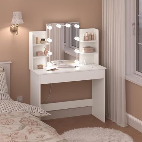WOLTU Dressing Table, Makeup Dressing Table with LED Lights, Vanity Make-up Desk with 2 Drawers, White