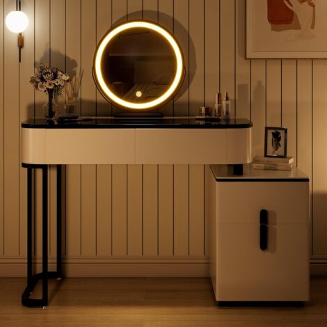 WOLTU Dressing Table & Mirror Set 4 Drawer W/Side Cabinet, White+Black