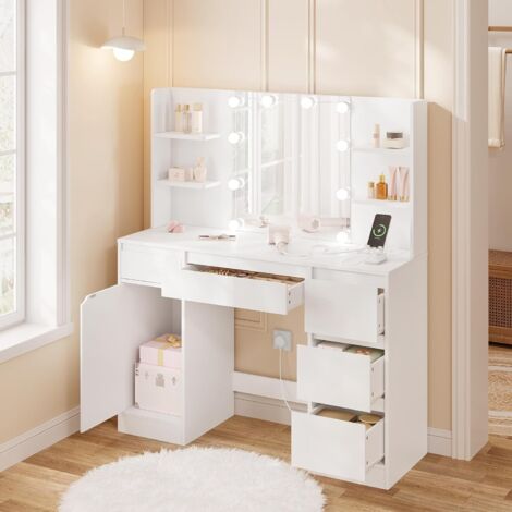 WOLTU Dressing Table with LED Lights, Makeup Desk with Drawer and Open shelves White