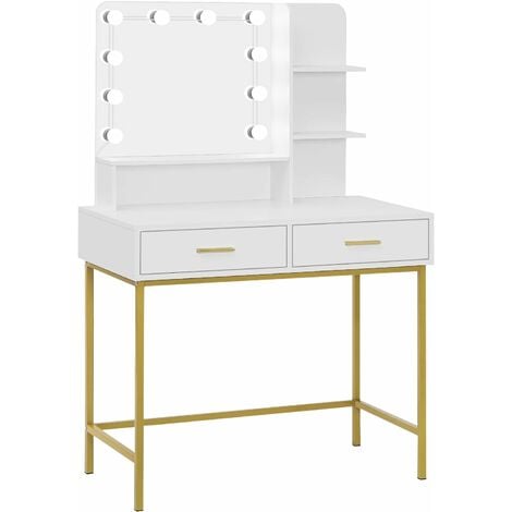 WOLTU Dressing Table with LED Lights Mirror. Vanity Makeup Table Set with Adjustable Brightness Mirror. Free Make-up Organizer. Double Drawer. Rectangle Mirror