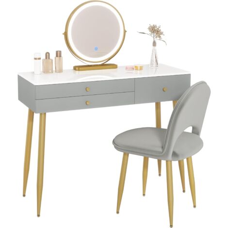 WOLTU Dressing Table with LED Lights Mirror, Vanity Makeup Table Set with Adjustable Brightness Mirror, Velvet Stool and Free Make-up Organizer, 3 Drawers，Grey + Gold