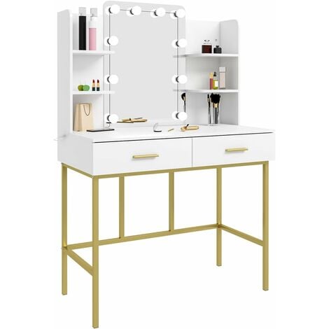 WOLTU Dressing Table with LED Lights. Mirrored Vanity Table with Shelves and 2 Drawers. Modern Makeup Table in MDF and Metal. Bedroom Furniture. 90x45x136cm. White + Gold