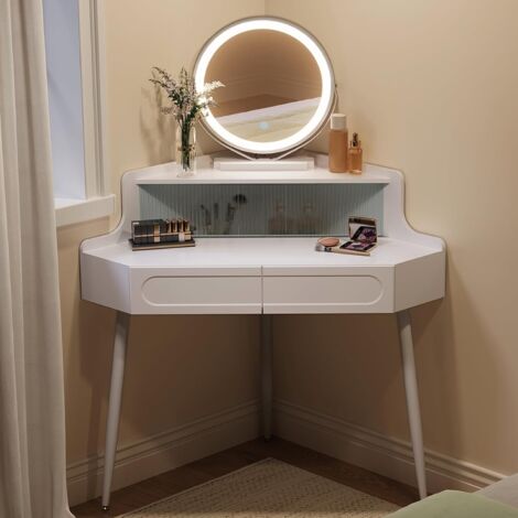 WOLTU Dressing Table with LED Lights, Vanity Table with Adjustable Brightness Mirror, 2 Large Drawers, Cushioned Stool, Modern Bedroom Dresser, White