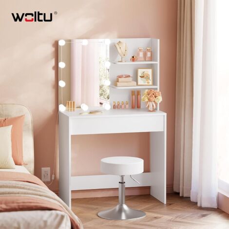 WOLTU Dressing Table with Stool, Drawer Storage Cabinet, Bedroom Vanity, Dresser Table + 3 Colours LED Light, White