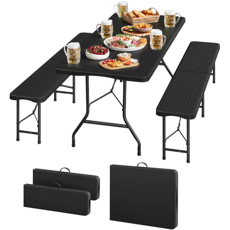 WOLTU Ensemble de Meubles de Jardin, Set de 3 pièces : Table + 2 bancs Pliables, avec Structure en Métal, en Aspect Rotin, Noir