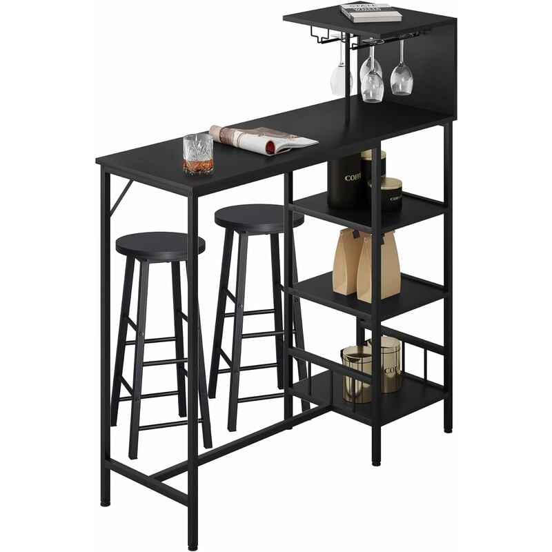 Ensemble Table de Bar + 2 Tabourets de bar, Table Haute avec Support pour Verres à Vin, Table Cuisine avec 3 Étagères de Rangement, Noir - Woltu