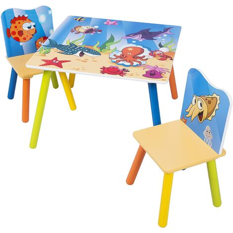 Woltu – Ensemble table enfant 60x60x44 cm + 2 chaises 26.8x26.8x50 cm – Motifs imprimés océan – MDF robuste et durable