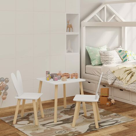 Woltu – Ensemble table et 2 chaises pour enfants – MDF et bois massif – Dossier en forme d'oreilles de lapin – Dimensions table 49,5x49,5x47cm