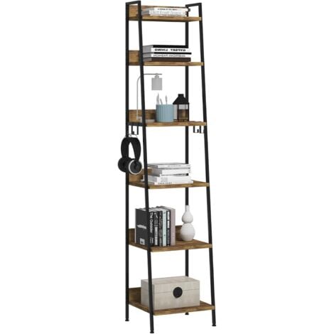 WOLTU Escalera Estantería de Estilo Industrial Estantería Almacenaje de Madera y Metal con 4 Ganchos Extraíbles Librería de 6 Niveles para Salón 41x36x187 cm
