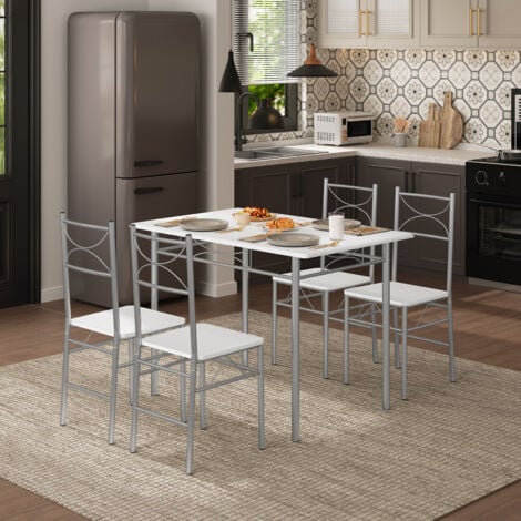 WOLTU Esstisch Küchentisch Set, Esstisch mit 4 Stühlen, Essgruppe Set für 4 Personen, Sitzgruppe Esszimmer, Esszimmertisch mit Metallgestell, MDF, Weiß