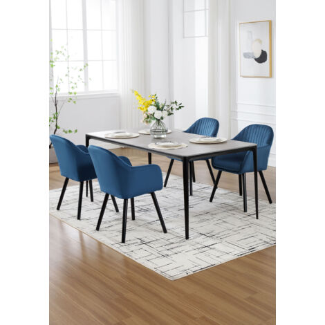 WOLTU Esszimmerstühle 4er Set, Küchenstuhl mit Armlehne Rückenlehne, Polsterstuhl Wohnzimmerstuhl, bis 150 kg belastbar, aus Samt Holzbeine, für Esszimmer Küche Wohnzimmer, Blau
