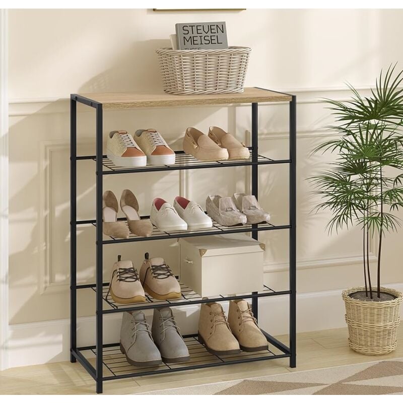 Banc Etagère à chaussures Woltu 12 paires de chaussures - avec 4 étagères - Meuble de rangement - en mdf et Métal