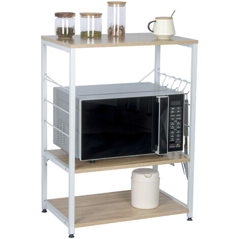 Woltu – Étagère de cuisine en bois massif et acier – Dimensions 60x39x74cm – 3 niveaux de rangement – 4 crochets inclus pour ustensiles