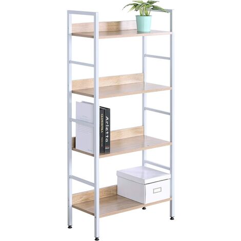 WOLTU Étagère de Rangement en acier et en bois avec 4 tablettes, Blanc+chêne clair, 60x27, 5x126cm