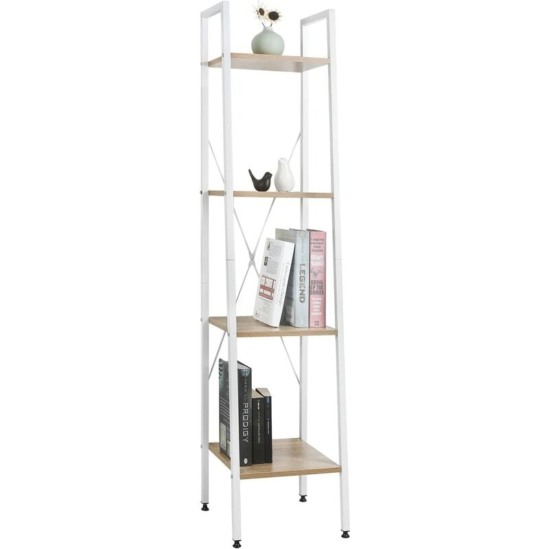 Woltu - tagère de Rangement en acier et en bois avec 4 tablettes, Étagère royonnage, 34x35x148cm, Blanc+chêne clair