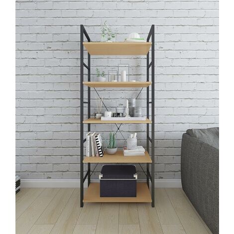 Woltu – Étagère de rangement en bois et métal 60x28x148cm – 5 niveaux – Noir et chêne clair – Capacité de charge 20kg