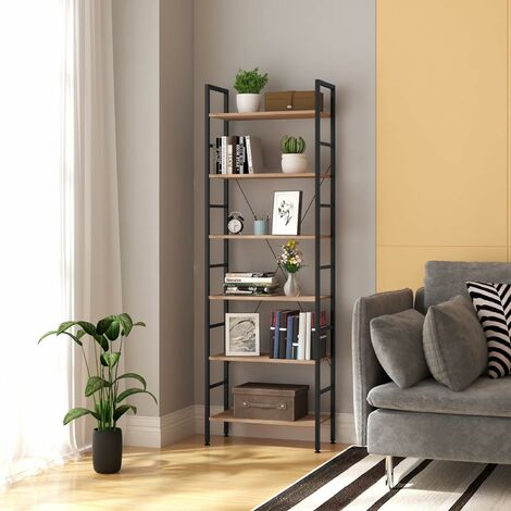 Woltu – Étagère de rangement en métal et bois – 6 étagères – Dimensions 60x28x180cm – Couleur noir et chêne clair – Capacité 20kg par planche