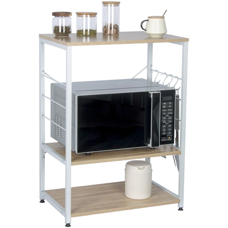 Woltu - tagère four à micro-ondes, étagère de cuisine en bois massif et cadre avec de l'acier, 60x39x74cm, Blanc+chêne clair