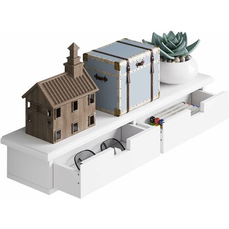 Woltu – Étagère murale flottante blanche 64x15x10cm – 2 tiroirs avec poignées encastrées – Charge maximale 10kg – Installation facile