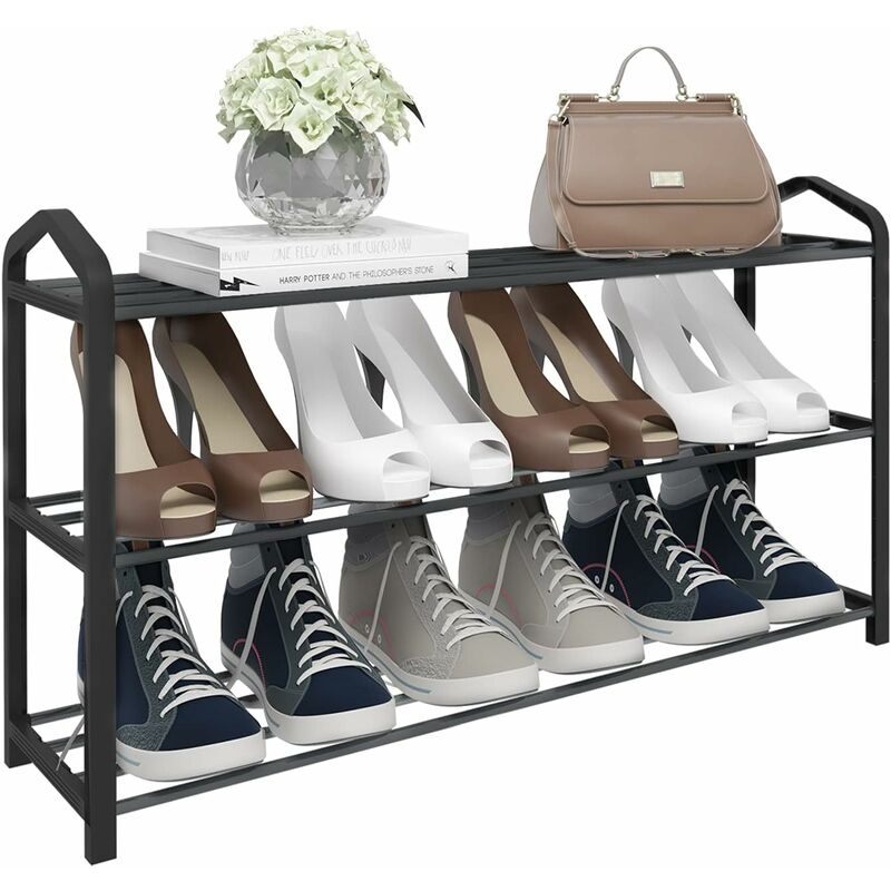 Etagère à chaussures, Meuble à chaussure pour 12 paires de chaussures, 3 niveaux, tube en acier, 79x19, 5x45cm, Noir - Woltu