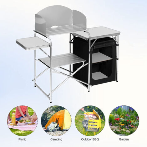 WOLTU faltbar Campingschrank Campingküche inkl.Tragetasche mit Aluminiumgestell Reiseküche tragbar/klappbar Outdoor Campingmöbel aus Alu und MDF für Picknick Strand im Freien, Weiß+Schwarz