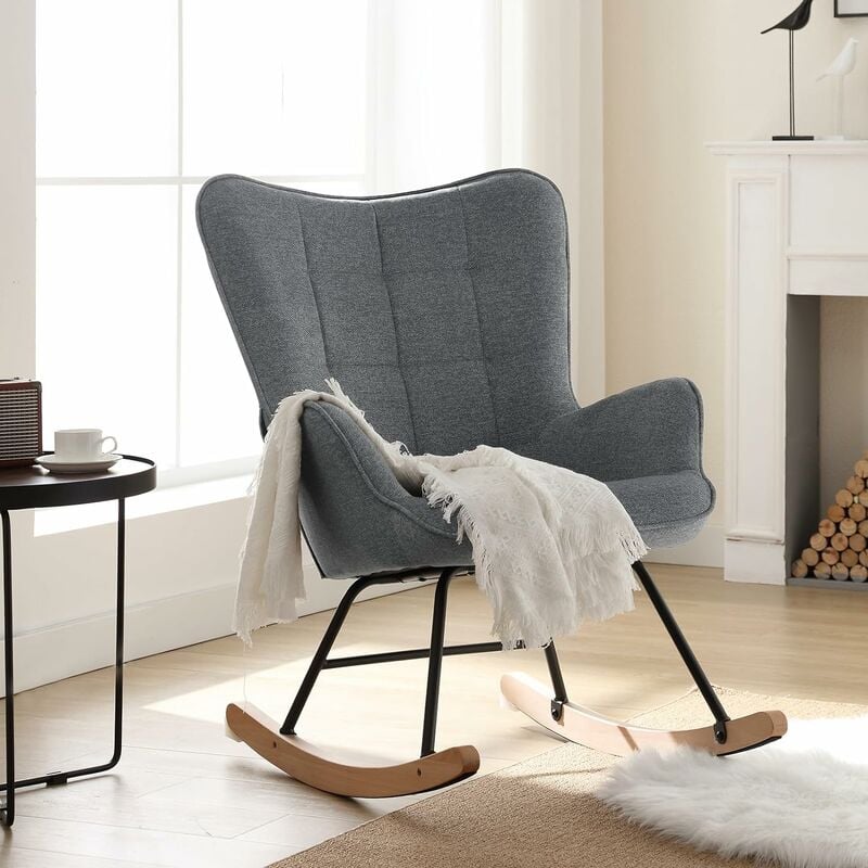 Fauteuil à Bascule, Fauteuil à Oreilles Rembourré, Chaise Relaxante, Pieds en Métal et en Bois Massif, Gris foncé - Woltu