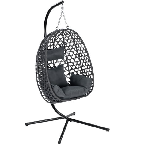 WOLTU Fauteuil Œuf Suspendu avec Support en Métal, Chaise Hamac Balançoire en Rotin PE, Coussin de Siège et Appui-tête, Gris