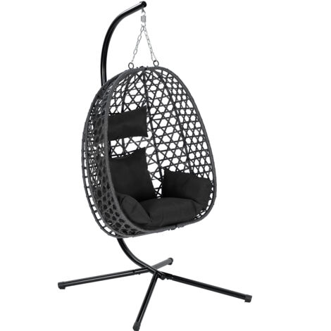 WOLTU Fauteuil Œuf Suspendu avec Support en Métal, Chaise Hamac Balançoire en Rotin PE, Coussin de Siège et Appui-tête, Noir