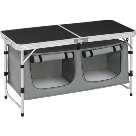 WOLTU Folding Camping Cupboard Kitchen. Height Adjustable Aluminum Camping Table with Storage. Lightweight Picnic Table with Carry Handle for Outdoor Patio BBQ Party. Black + Grey