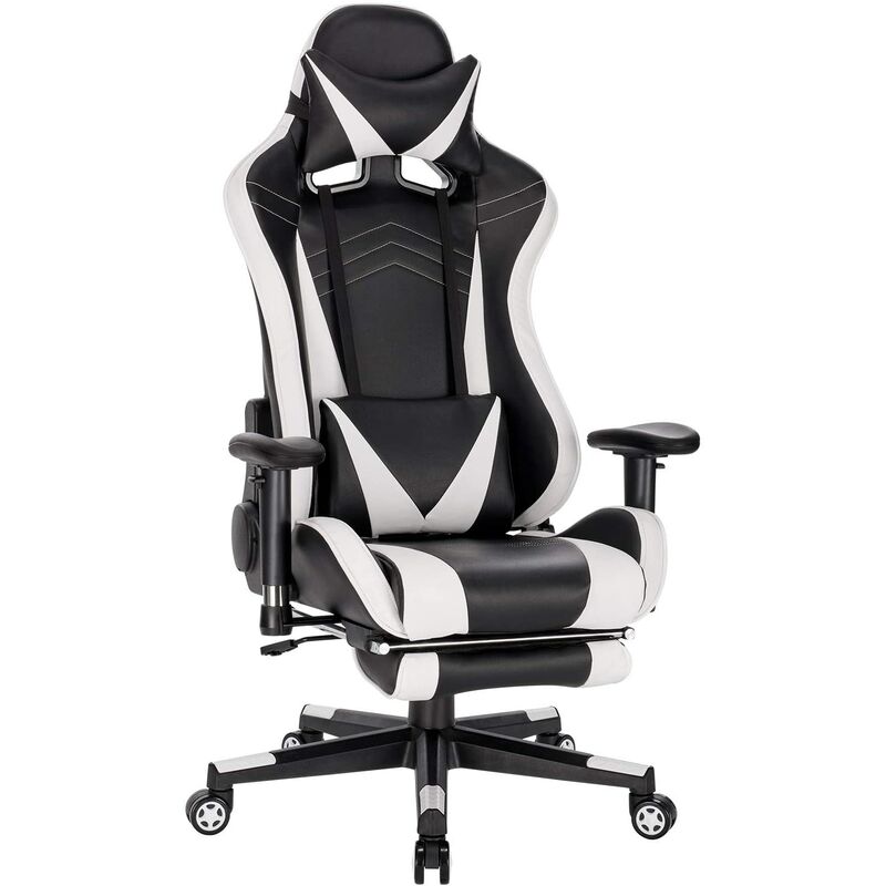 gaming chaise fauteuil gaming pivotante et réglable.chaise de bureau racing chaise en similicuir avec appuie-tête et repose-pieds.blanc - woltu