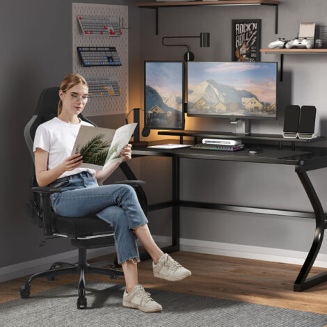 WOLTU Gaming Stuhl, Bürostuhl ergonomisch, Massage Computerstuhl mit Rollen, Kopfstütze, Fußstütze, Lendenkissen, Tech-Stoff, Massage Racing Gamer Sessel, 150 kg Belastbarkeit, Schwarz + Grau